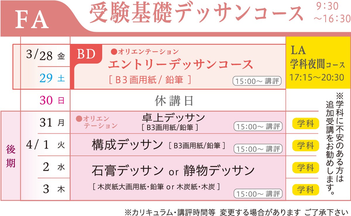 受験デッサンコースカリキュラム